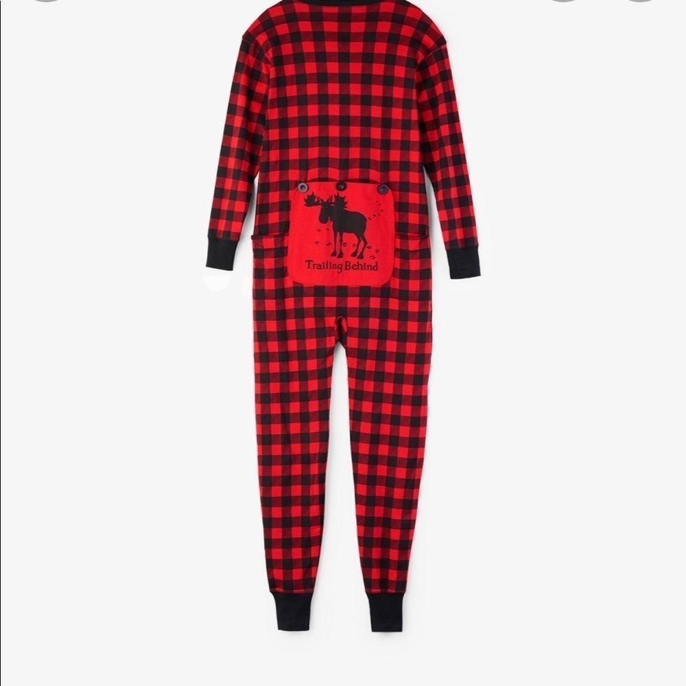 Red plaid button down onesie with back flap​​​​​​​